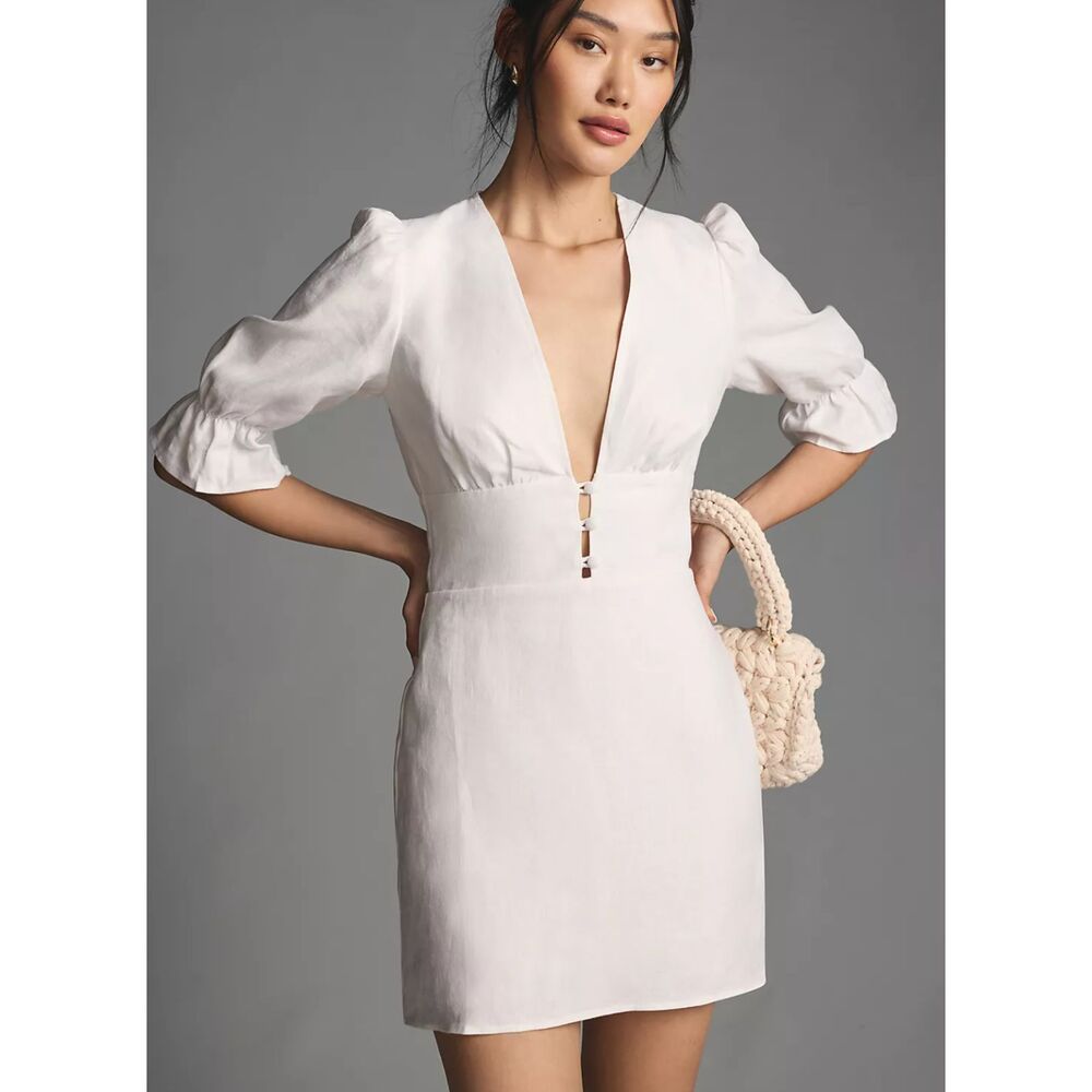 REFORMATION Simi Linen V-Neck Mini Dress White Sz 2